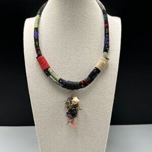 3/$30 Tribal Style Fabric Cord Necklace Mixed Stone Cluster Drop Pendant Boho